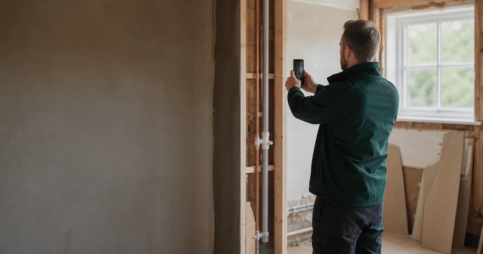 A field professional documenting evidence with a phone during a property inspection